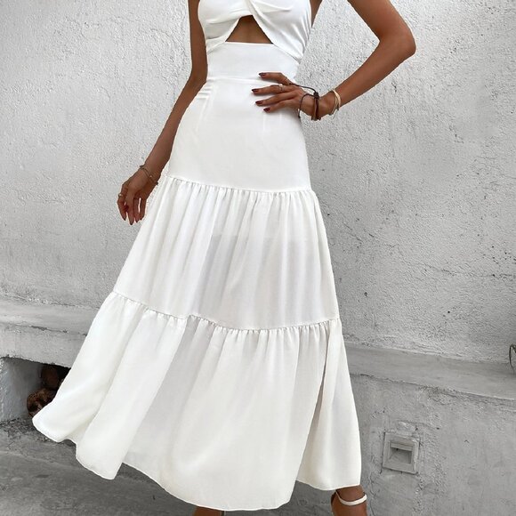 White Boho Womens Twist Front Cut Out Ruffle Hem Maxi Cami Dress - Picture 2 of 5